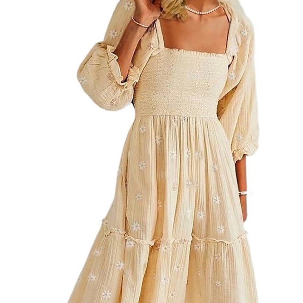 Square neck embroidered floral dress